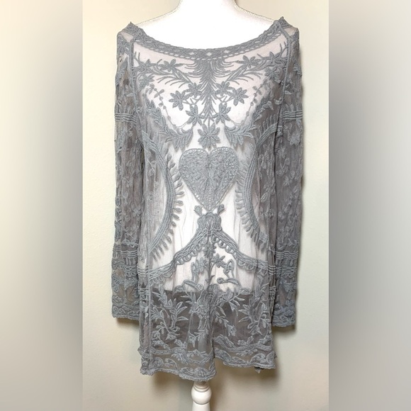 POL Tops - POL Gray Sheer Crochet Victorian Heart Boho Tunic Women Small Medium Cotton